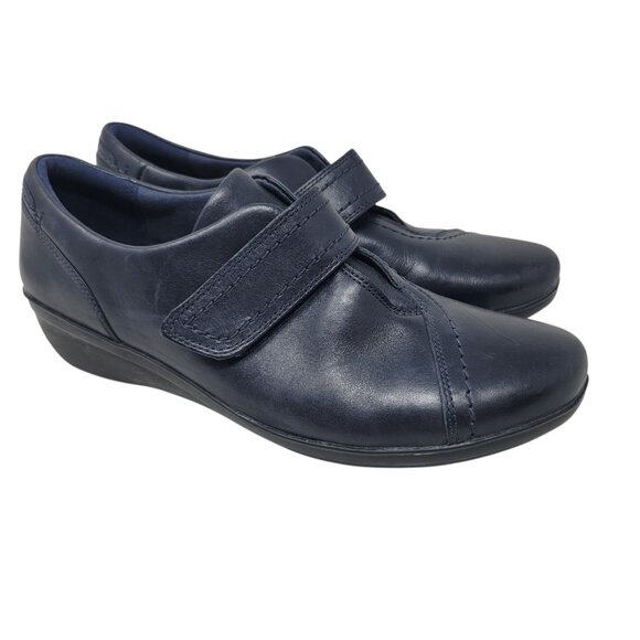 Clarks Women's Size 9 Navy Blue Leather Loafers Comfort Adjustable Strap Wedge - Picture 1 of 12